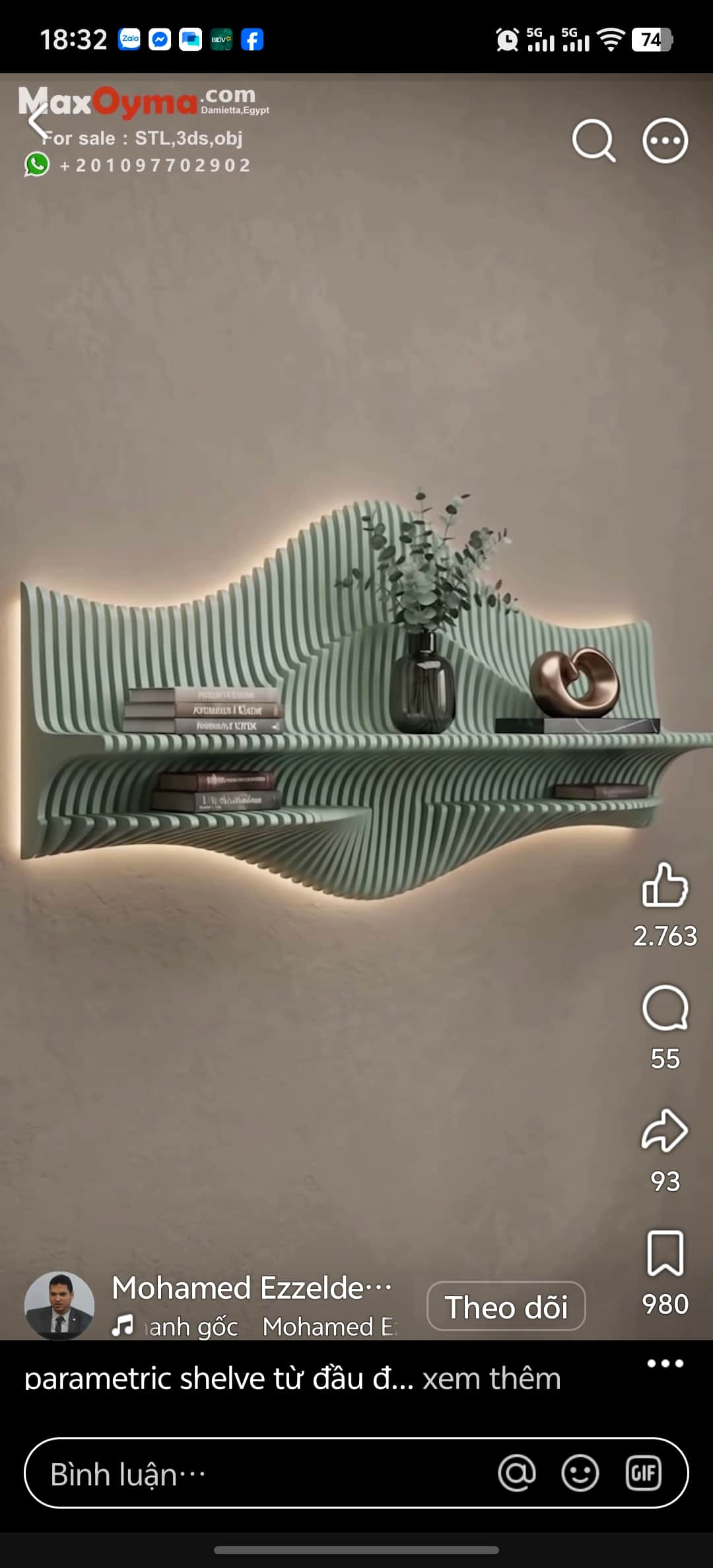 A distinctive wall-mounted shelf featuring a wavy, layered, and slatted design in a soft mint green… — free BLEND 3D model