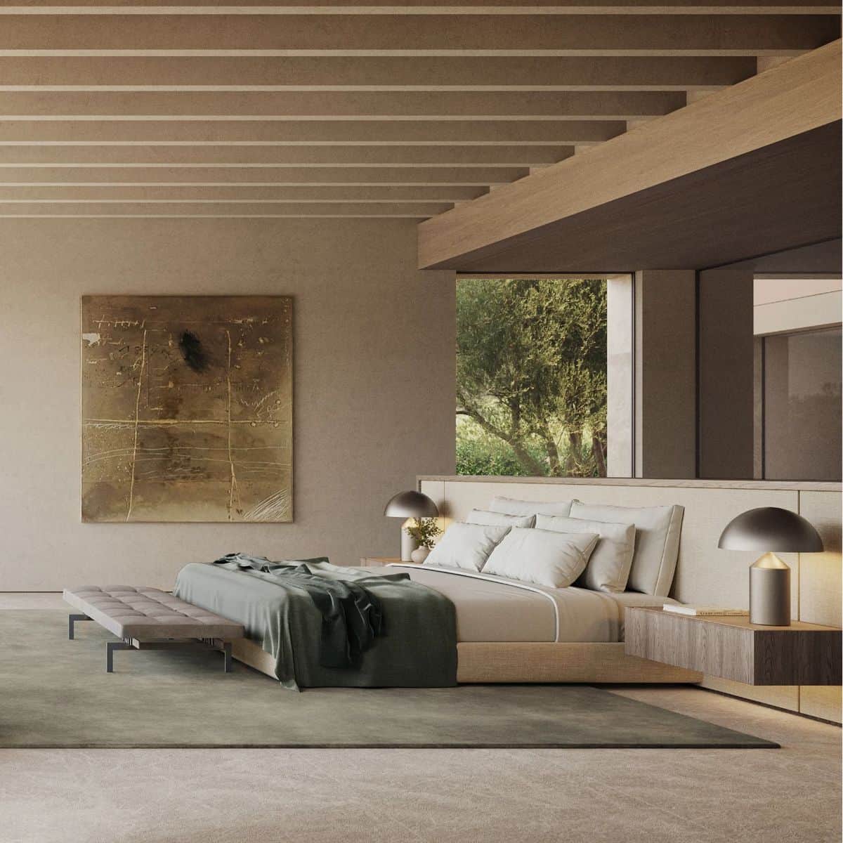 A modern platform bed ensemble featuring an oversized upholstered headboard with wooden trim, integr… — 3D model