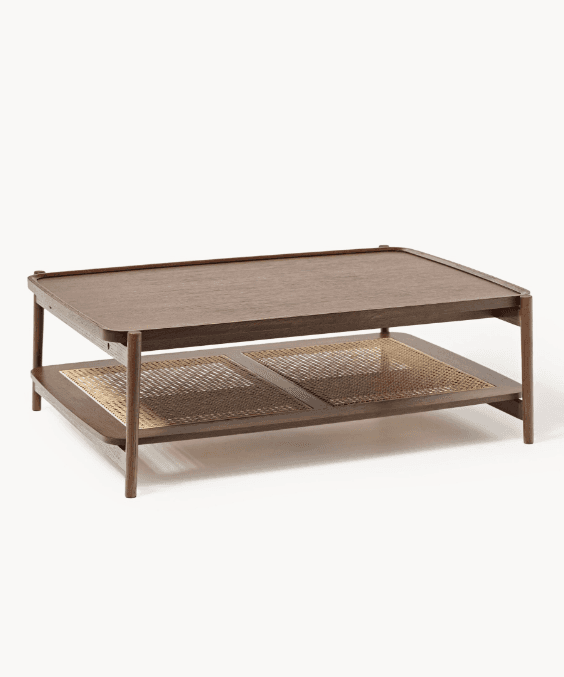 A rectangular coffee table featuring a solid dark wood top surface and a lower shelf with two sectio… — 3D model