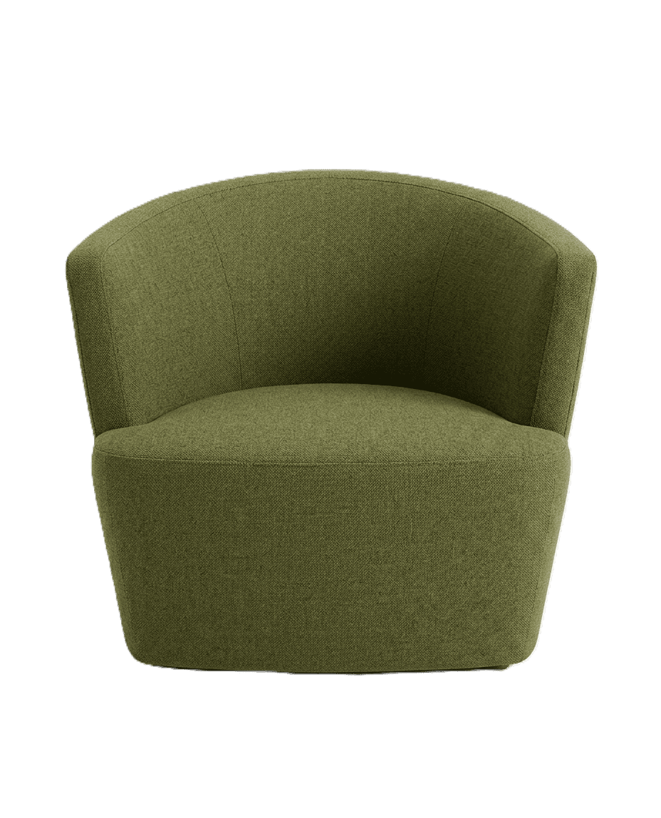 A compact, contemporary upholstered barrel-style chair in a muted olive green textured fabric, featu… — 3D model