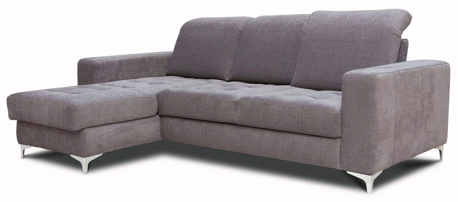 A contemporary sectional sofa upholstered in a textured grey fabric. It features a chaise lounge ext… — free GLTF 3D model