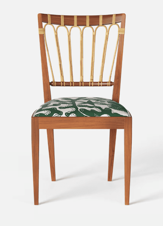A wooden chair with a curved backrest featuring vertical, cane-wrapped spindles and a padded seat up… — free GLTF 3D model