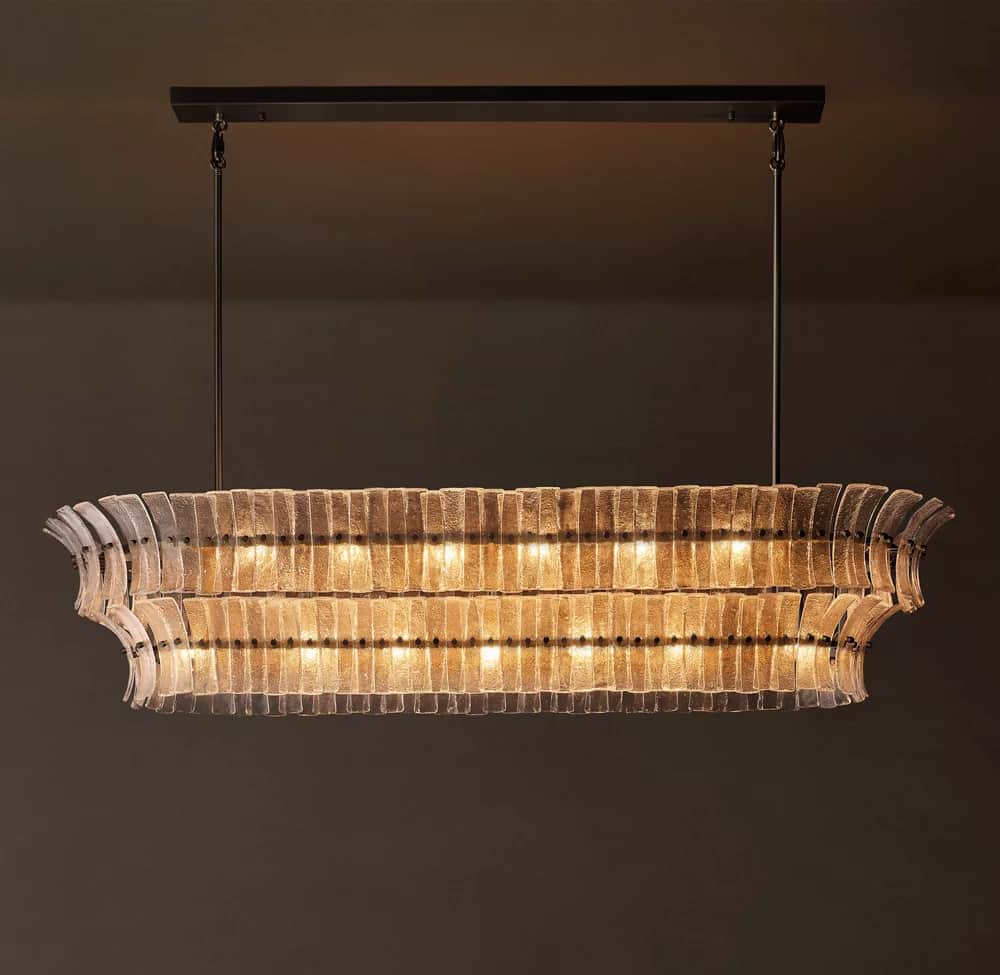 A sophisticated rectangular chandelier featuring multiple layers of textured, clear glass panels sus… — 3D model