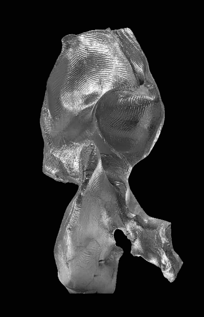 A three-dimensional abstract sculpture crafted from a metallic material, exhibiting a highly irregul… — 3D model