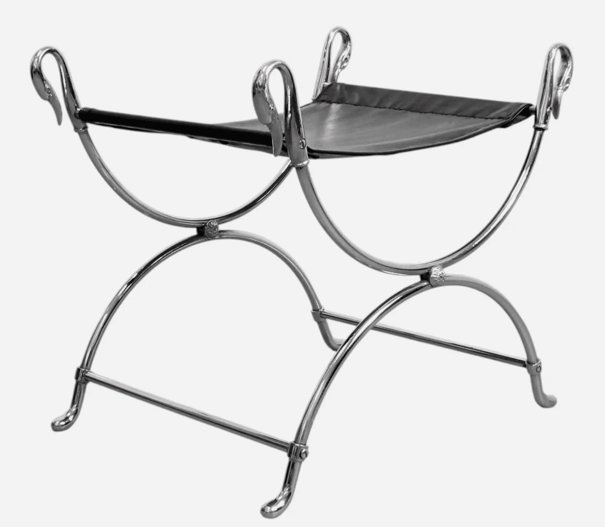 A polished chrome-plated metal and black leather X-frame stool, featuring a sling-style seat and dec… — 3D model