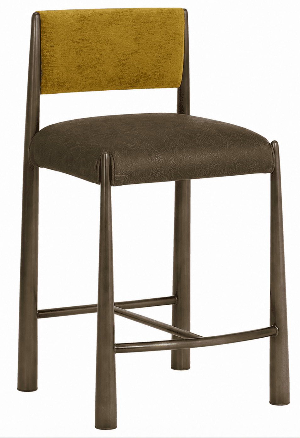A modern bar stool featuring a dark bronze-toned metal frame with a backrest and seat. The backrest… — 3D model