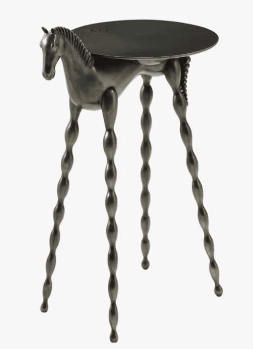 A small, round-topped accent table featuring a sculptural base designed to resemble a horse. The hor… — 3D model