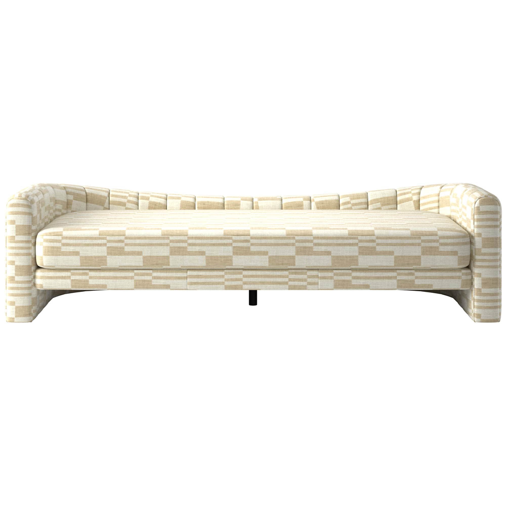 A contemporary sofa with a geometric patterned upholstery. The sofa features a low profile with roun… — free GLTF 3D model