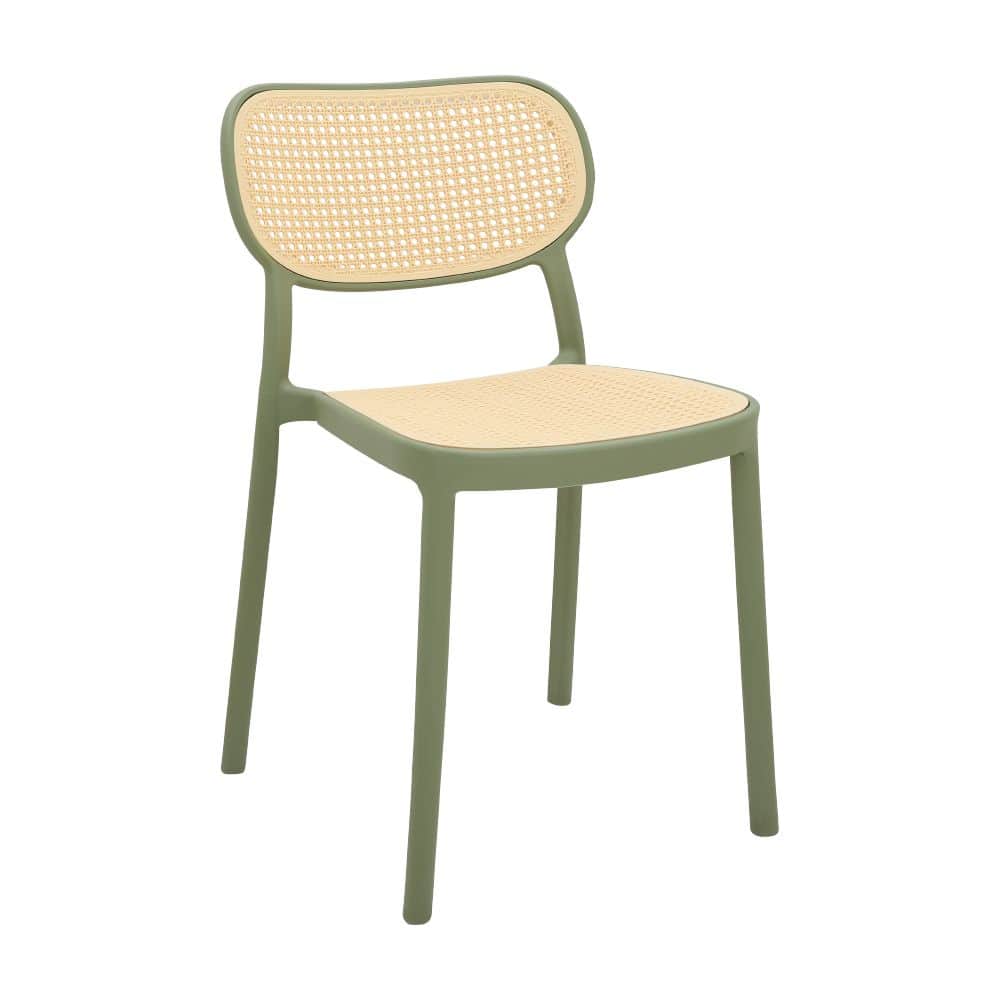 A modern, armless chair featuring a green polymer frame with natural cane webbing on both the seat a… — 3D model