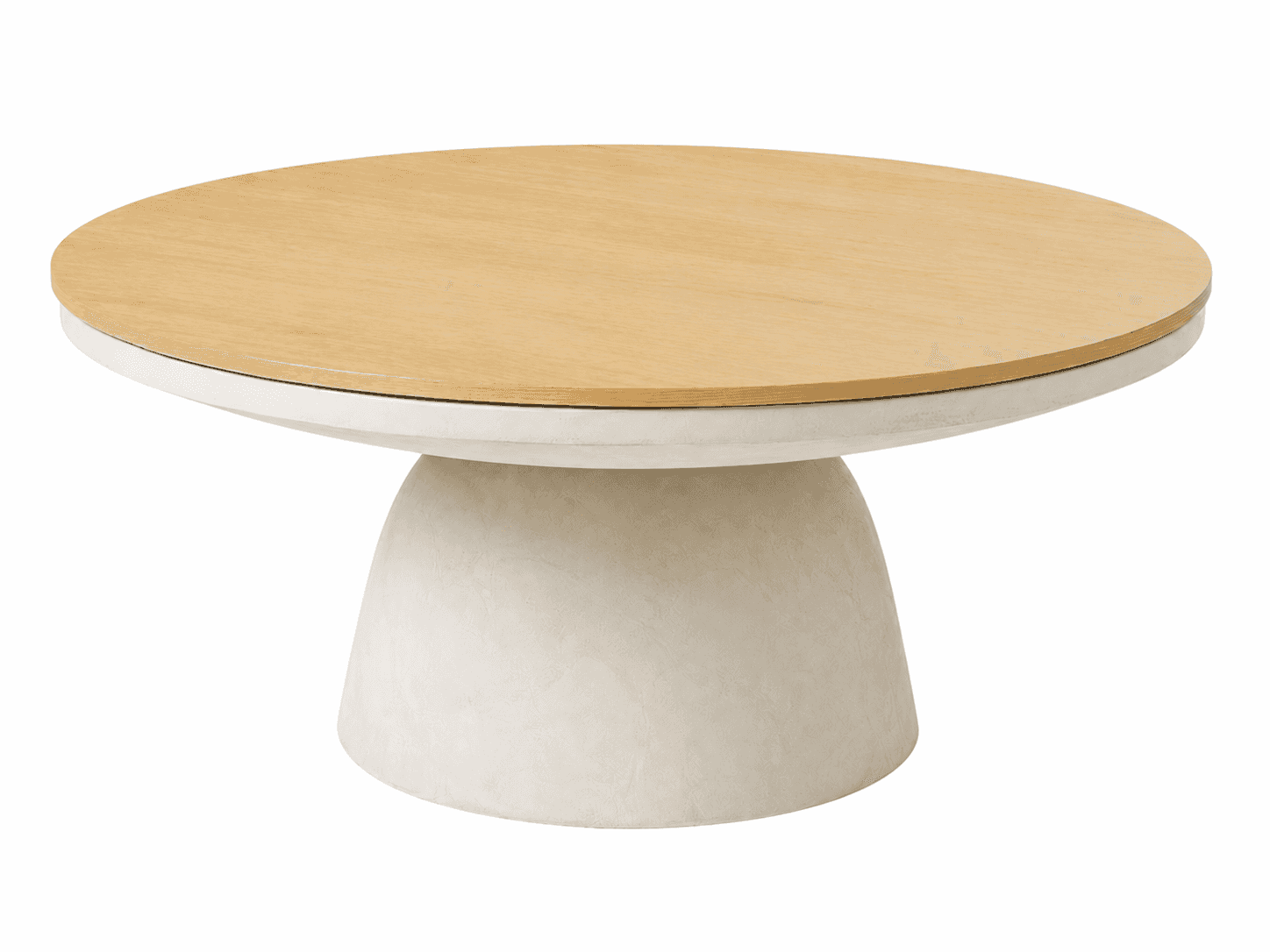 A round coffee table featuring a light-toned wooden top and a sturdy, textured concrete-effect pedes… — 3D model