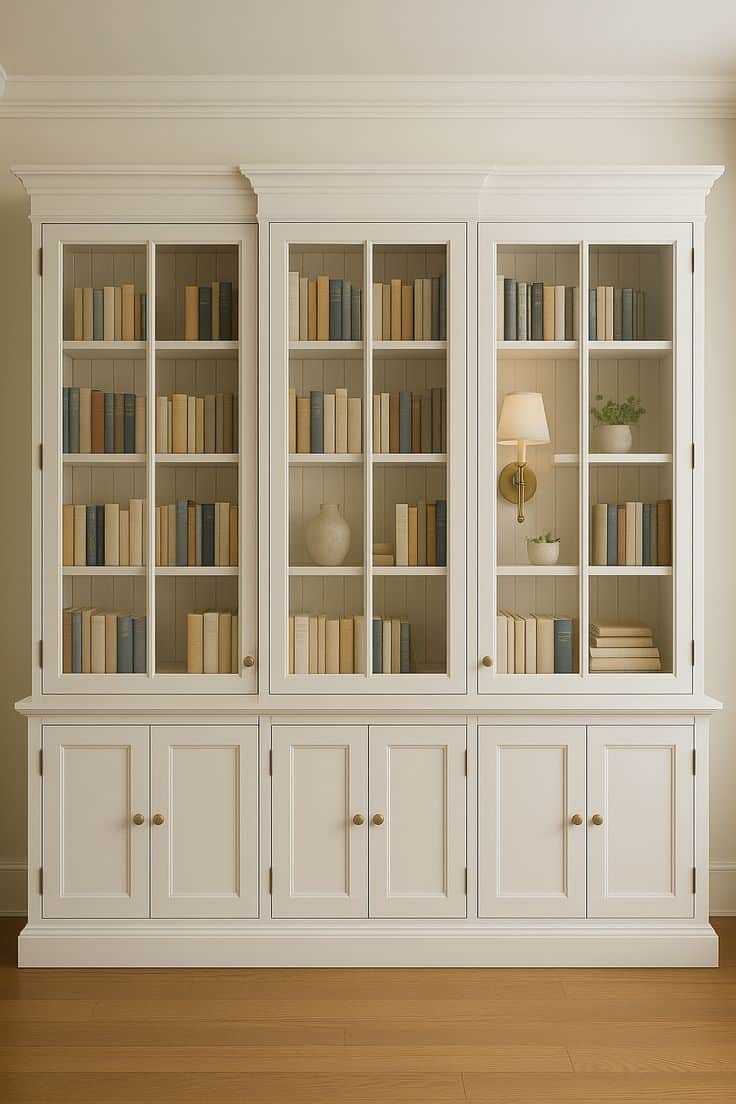 A tall, white wooden bookcase with glass-fronted upper shelves displaying books and decorative items… — 3D model