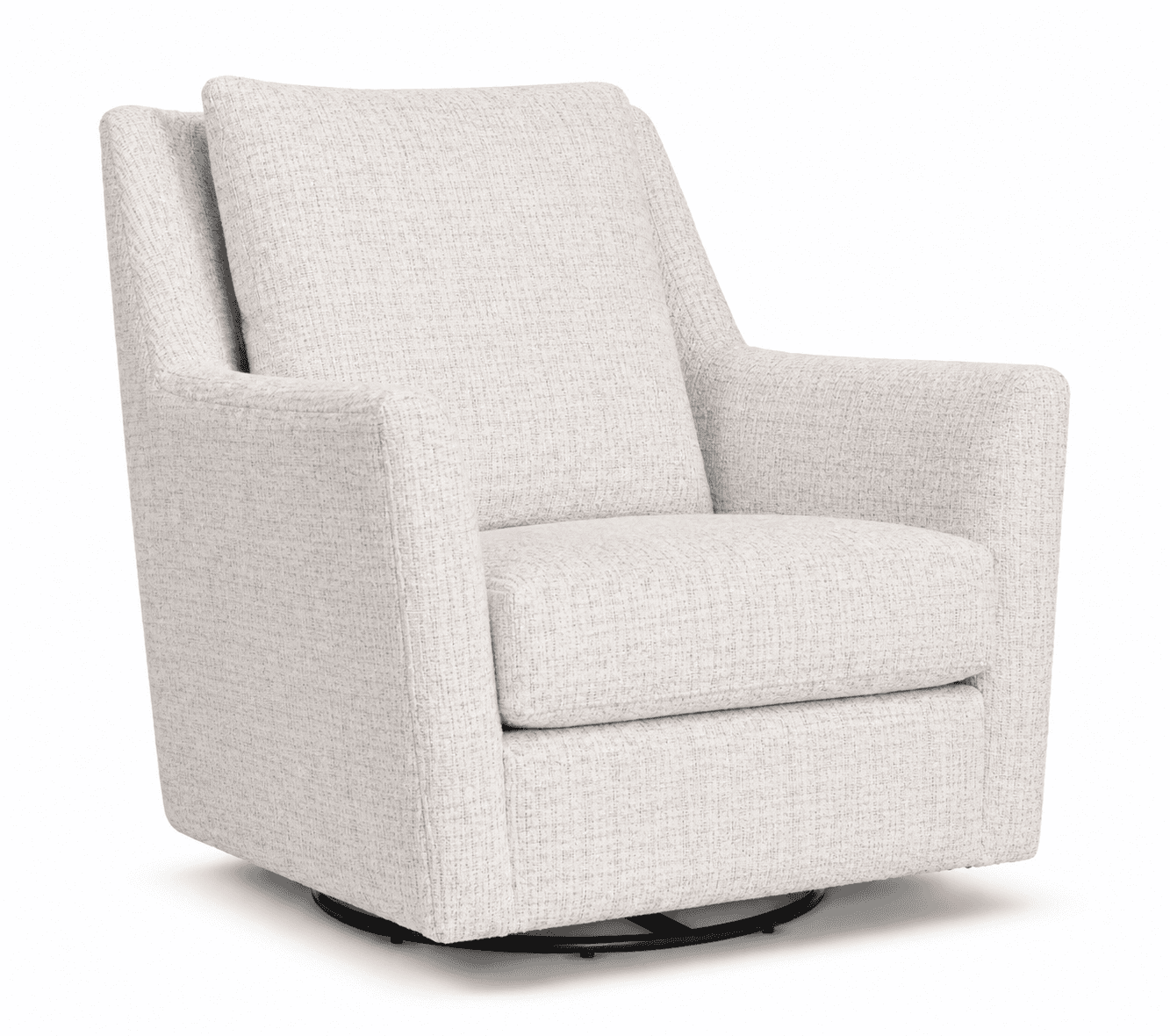 A contemporary upholstered swivel armchair featuring a textured, light beige fabric. The chair has i… — 3D model