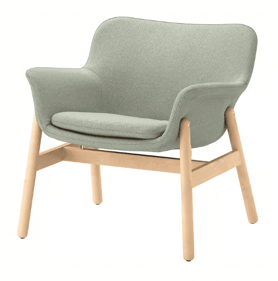 A modern armchair with a gently curved backrest and armrests, upholstered in a light green fabric. T… — free OBJ 3D model