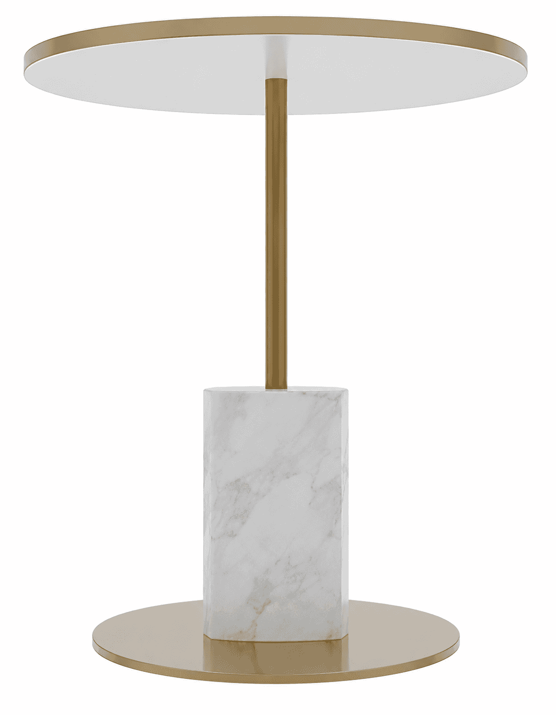 A modern pedestal accent table featuring a round white tabletop with a polished brass-finished edge.… — 3D model