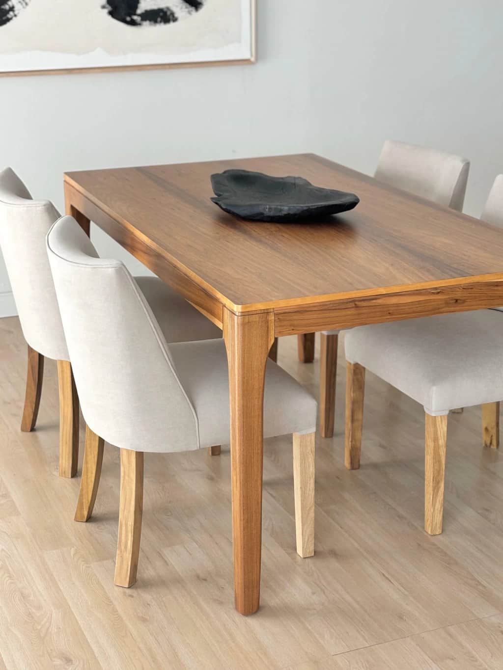 A modern dining set featuring a rectangular wooden dining table and several upholstered dining chair… — free FBX 3D model