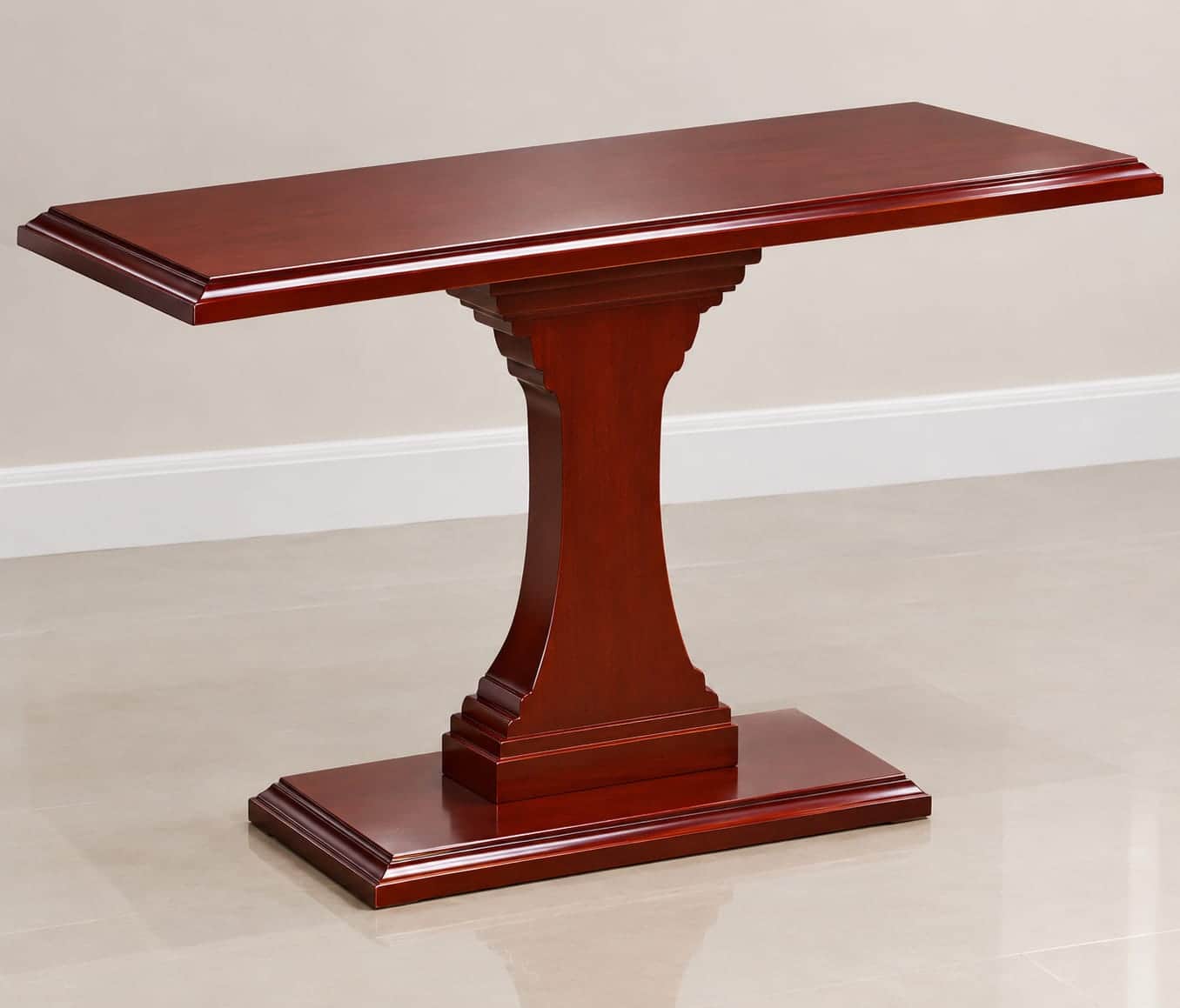 A narrow, rectangular console table featuring a single, central pedestal base, finished in a polishe… — free BLEND 3D model