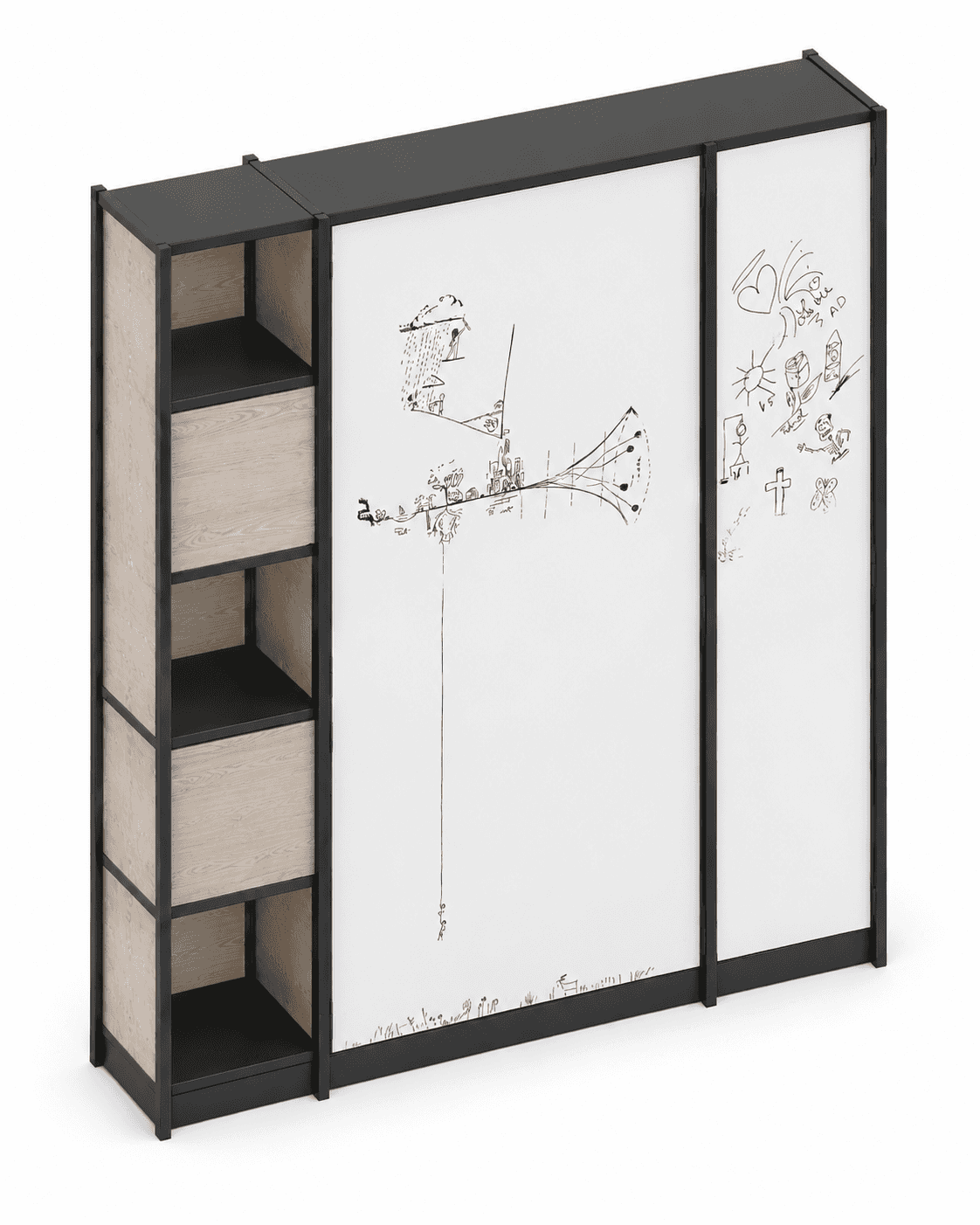 A modern modular furniture unit featuring a black metal frame, light wood-look laminate shelving wit… — 3D model