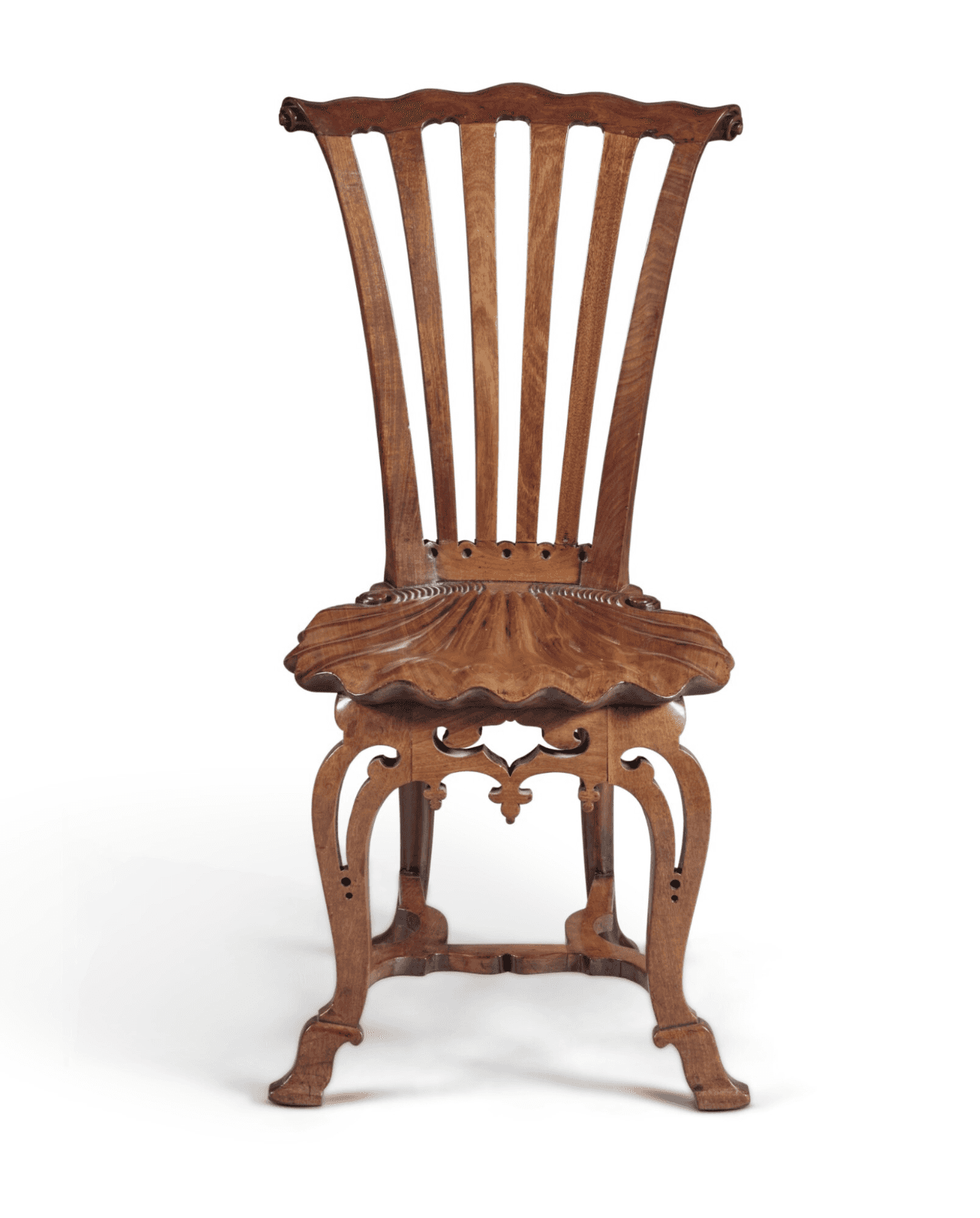 A wooden side chair with a high, slatted back and a carved, shell-like seat. The chair features cabr… — 3D model