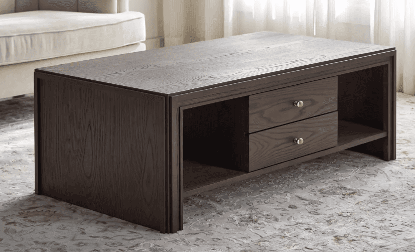 A rectangular media console crafted from dark-stained wood, featuring two central drawers with round… — 3D model