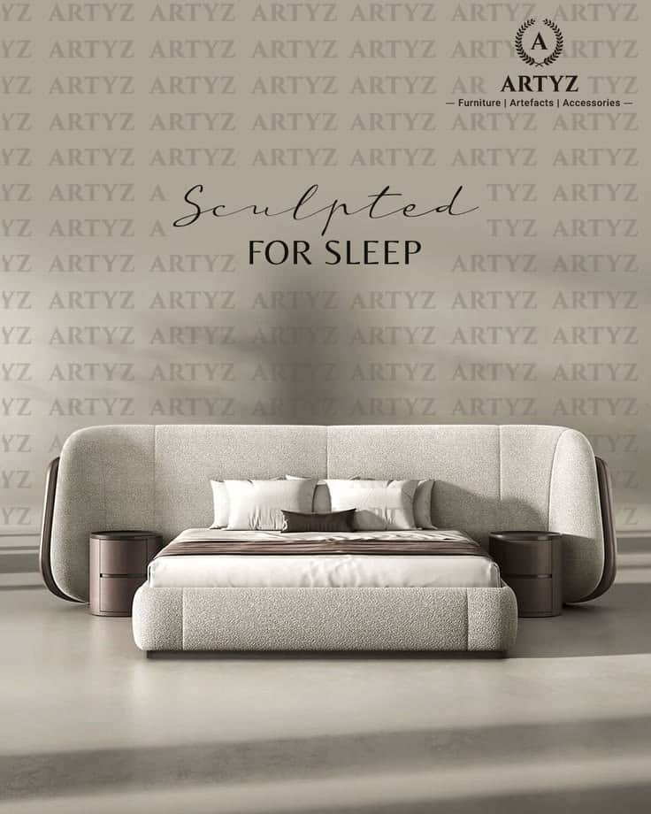 A modern bed frame with an integrated headboard and two bedside tables. The headboard is upholstered… — 3D model