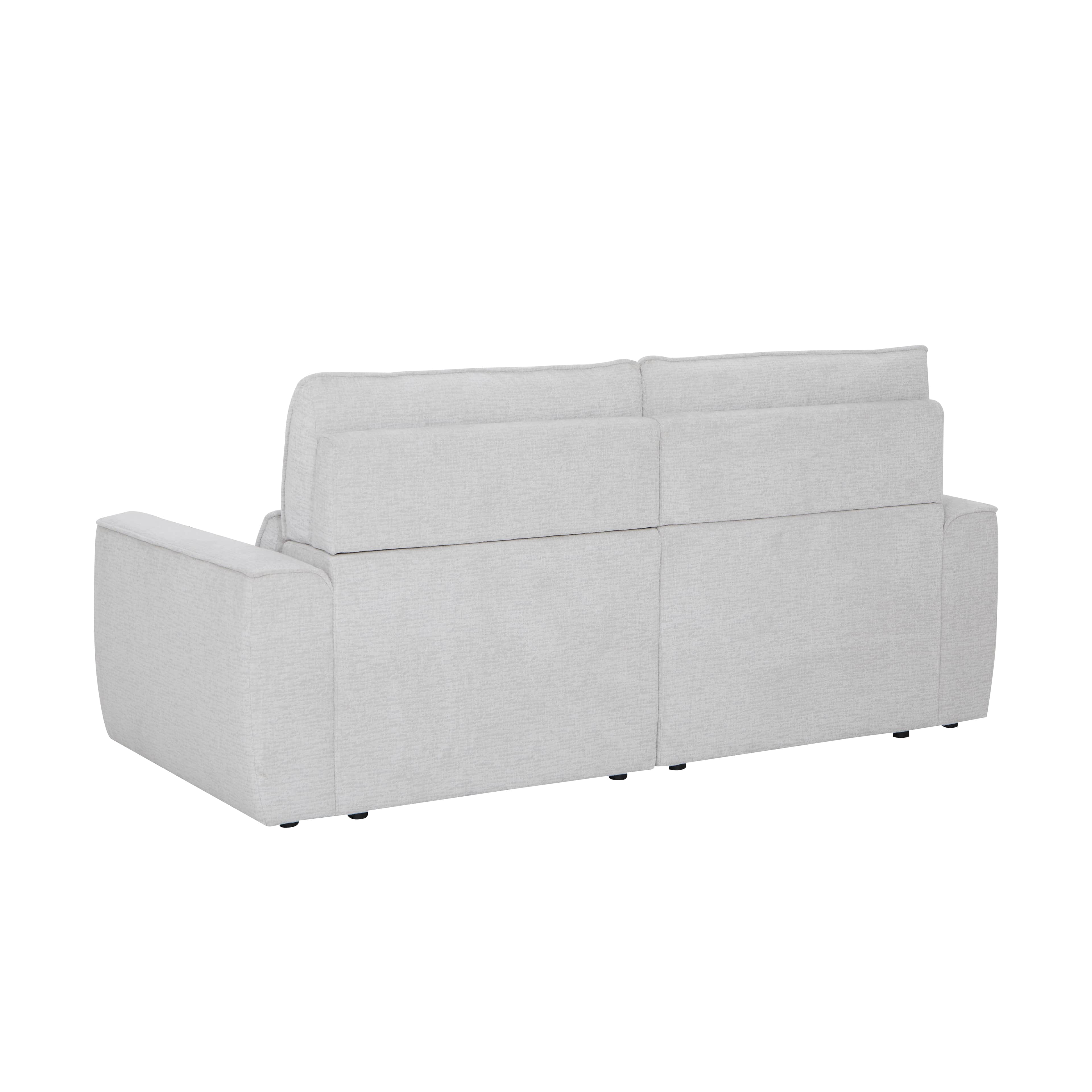 A light gray, upholstered loveseat featuring a contemporary design. The backrest is divided into two… — 3D model