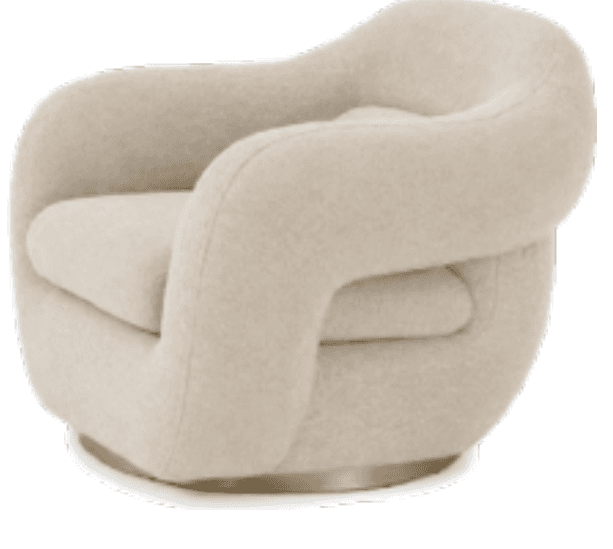 A light-colored, upholstered swivel lounge chair with a curvilinear design and a metallic plinth bas… — 3D model
