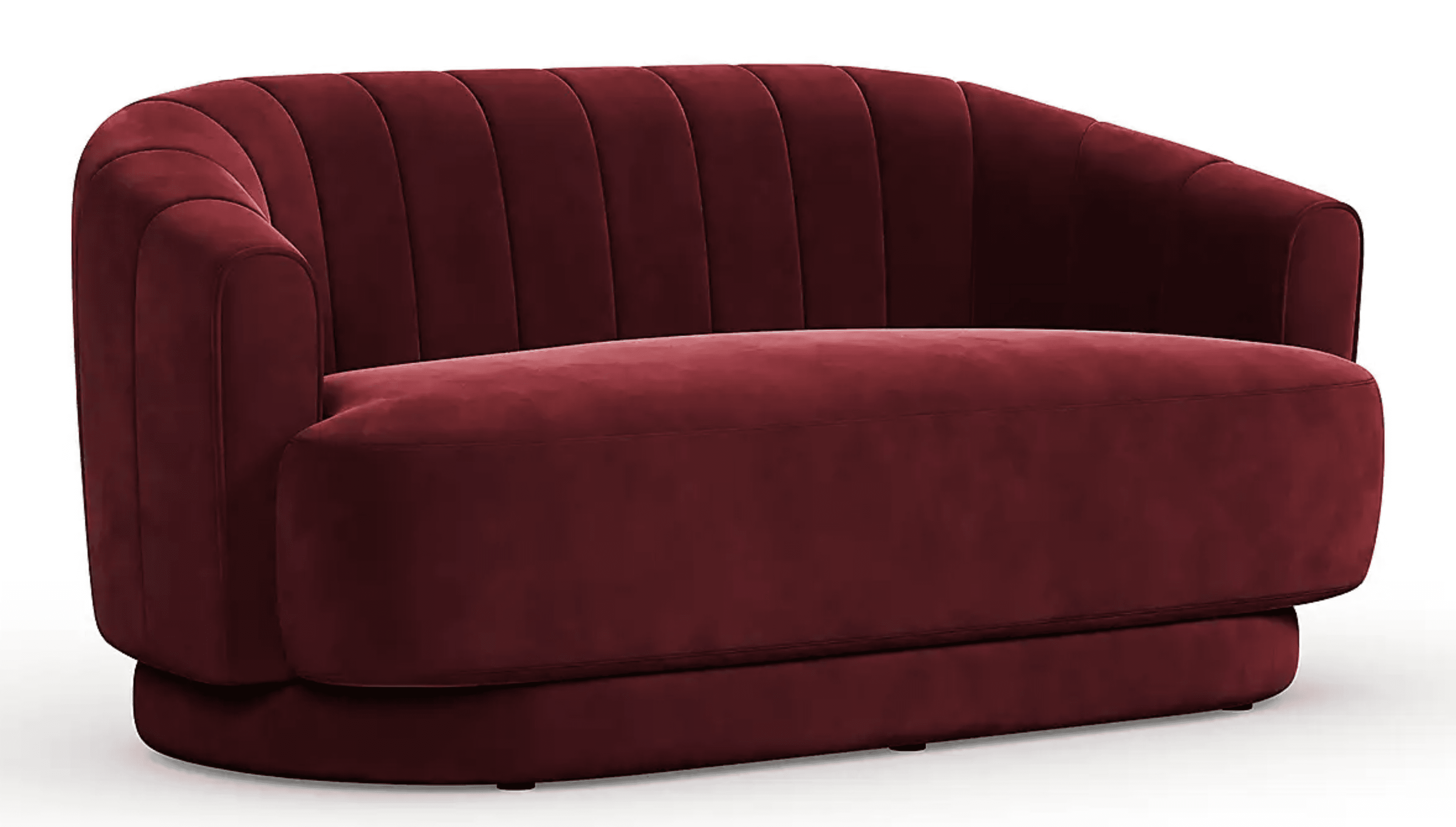 A two-seater sofa with a curved back and armrests. The upholstery features vertical channel tufting… — 3D model