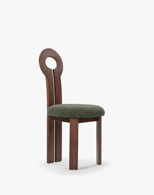 A modernist dining chair featuring a solid wood frame with a dark brown finish and an upholstered se… — 3D model