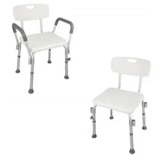 A white and silver adjustable height shower chair with a backrest and armrests, designed for safe ba… — free GLTF 3D model