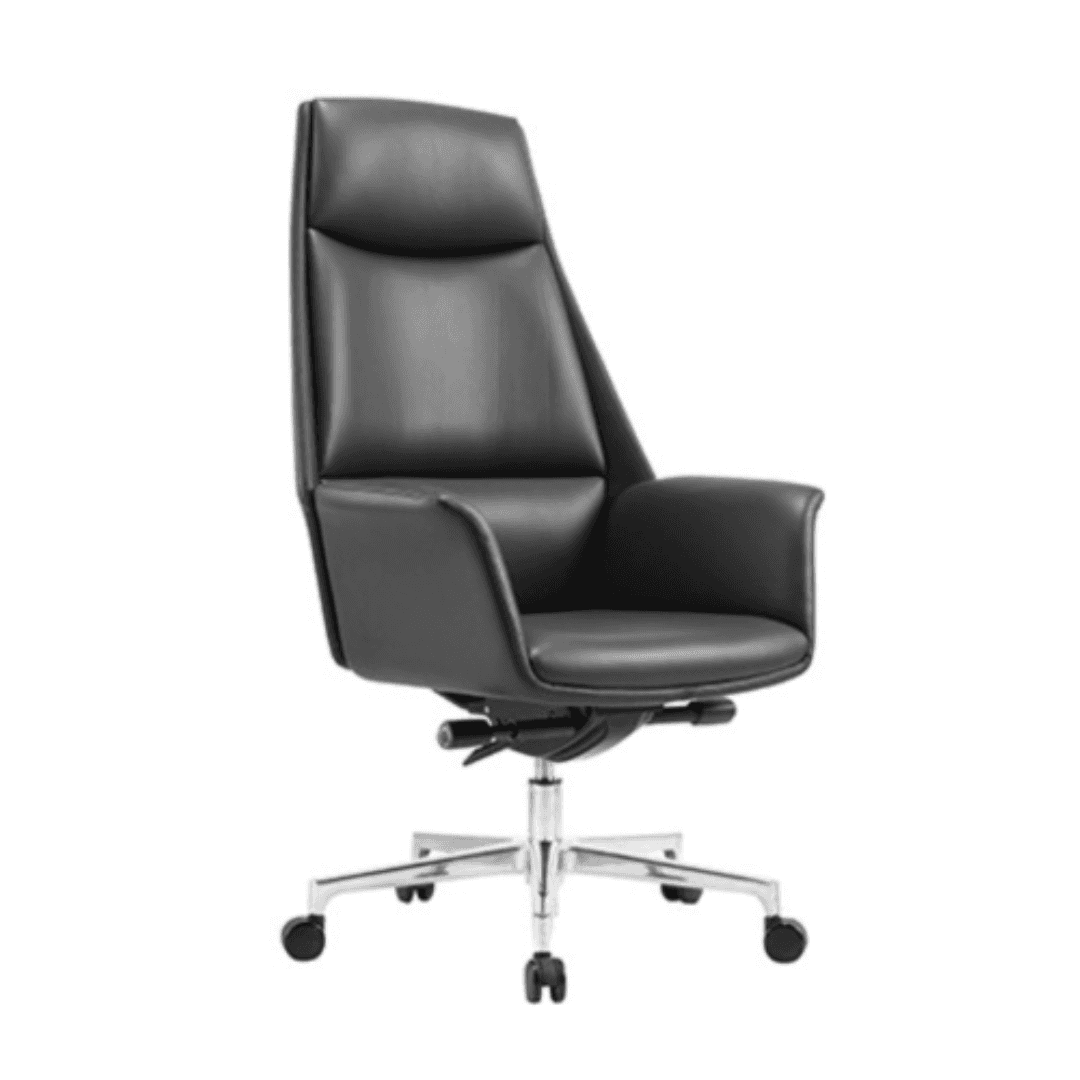 A high-back executive office chair featuring black leather upholstery, padded armrests, and a five-s… — free OBJ 3D model