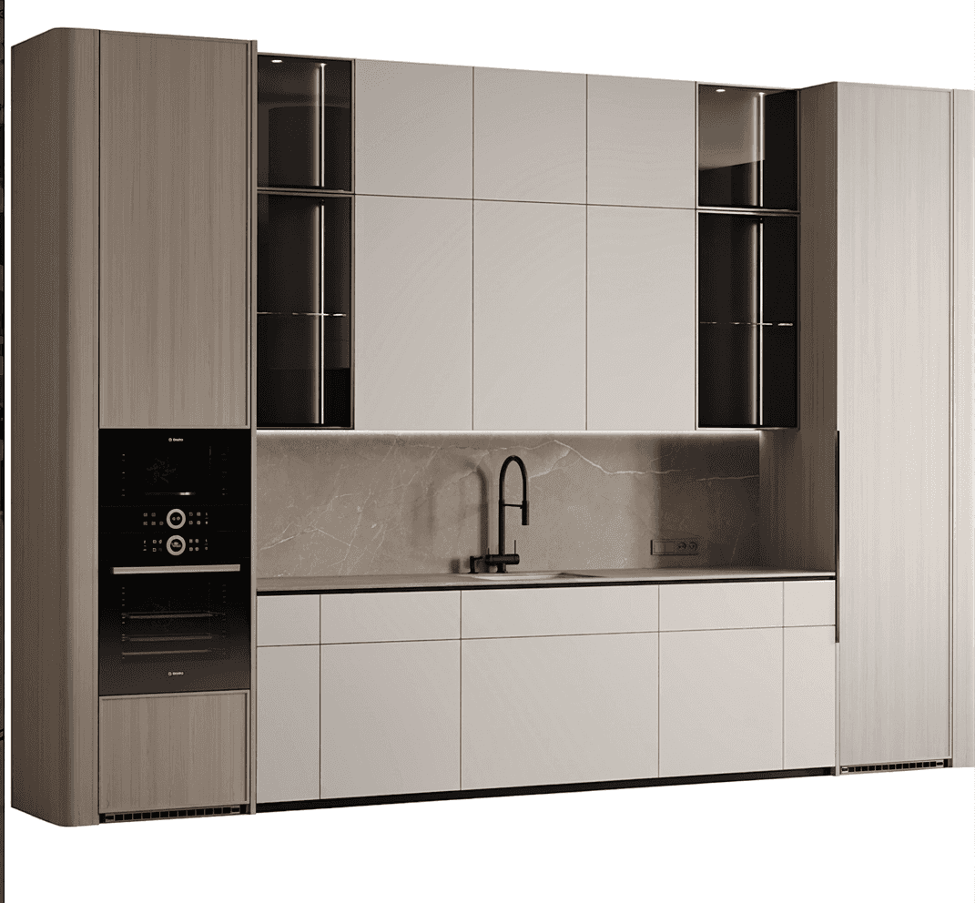 An integrated kitchen cabinetry system featuring tall storage units, upper wall cabinets, and lower… — 3D model