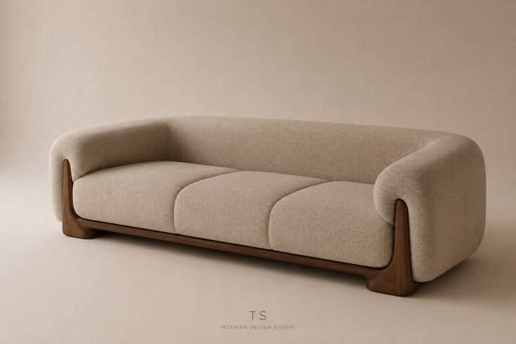 A contemporary three-seater sofa featuring a plush, rounded silhouette, upholstered in a light-color… — 3D model