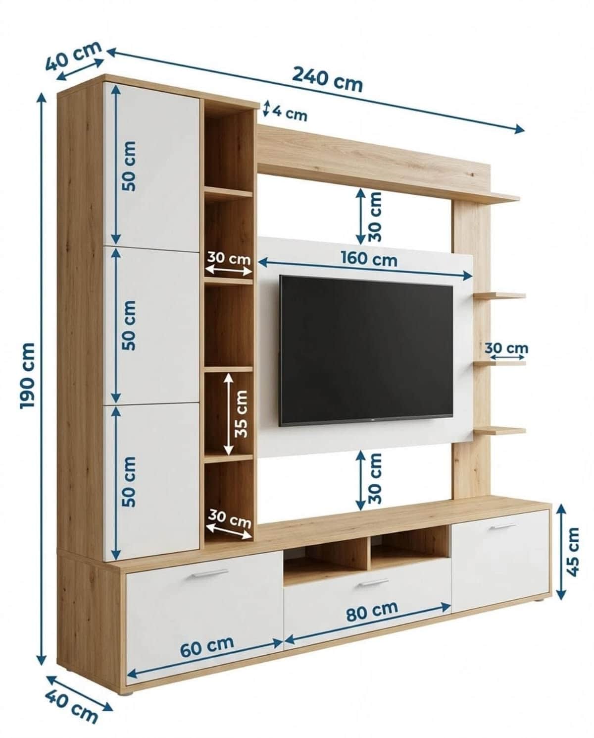 A modern and modular entertainment wall unit featuring a two-tone design of light wood-look finish a… — 3D model