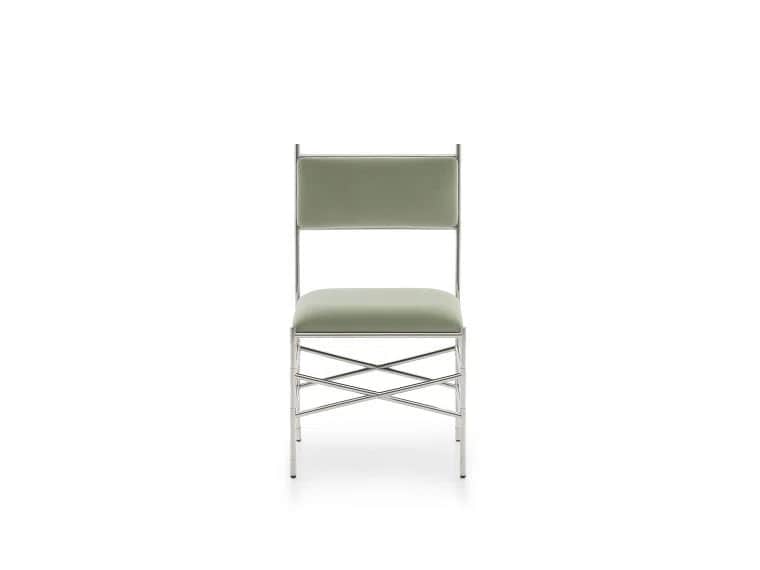 An armless contemporary dining chair featuring a slender frame of polished chromed steel. It has a p… — 3D model
