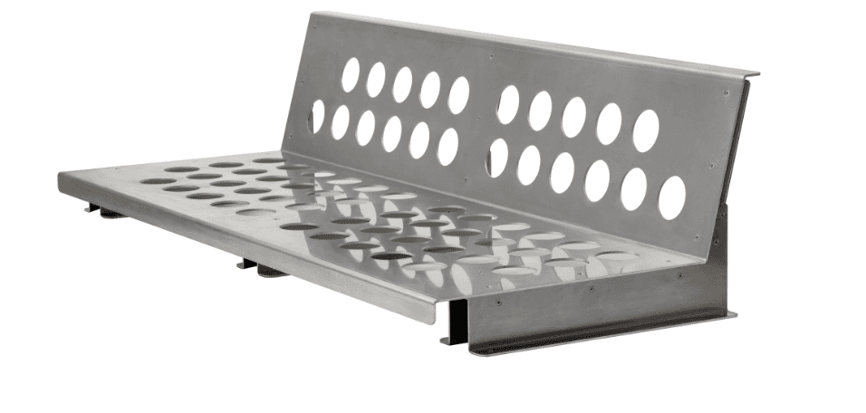 A metallic bench with a perforated seat and backrest. The seat has multiple circular perforations ar… — free OBJ 3D model