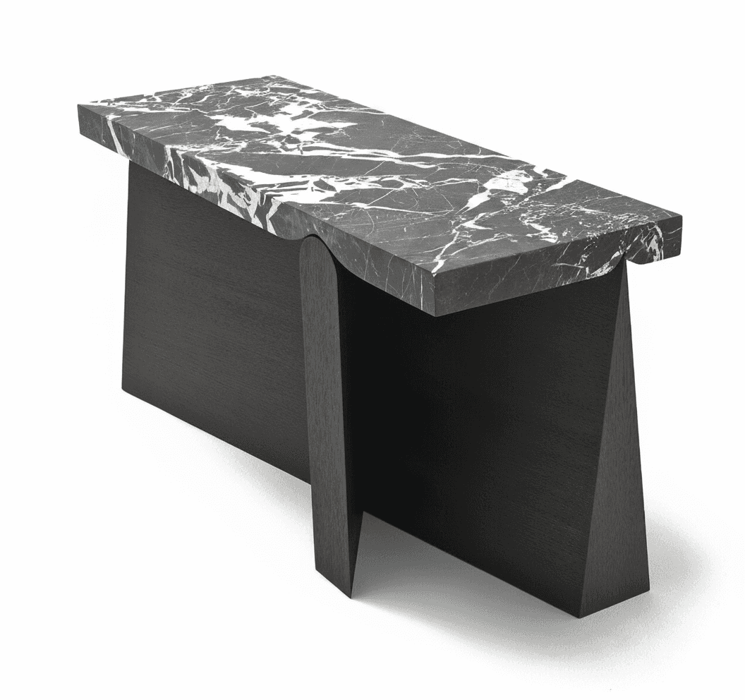 A contemporary console table with a rectangular marble top featuring a dramatic black and white vein… — 3D model