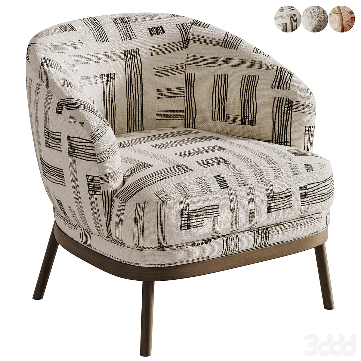 An upholstered barrel-style accent chair featuring a continuous, rounded back and integrated arms. T… — 3D model