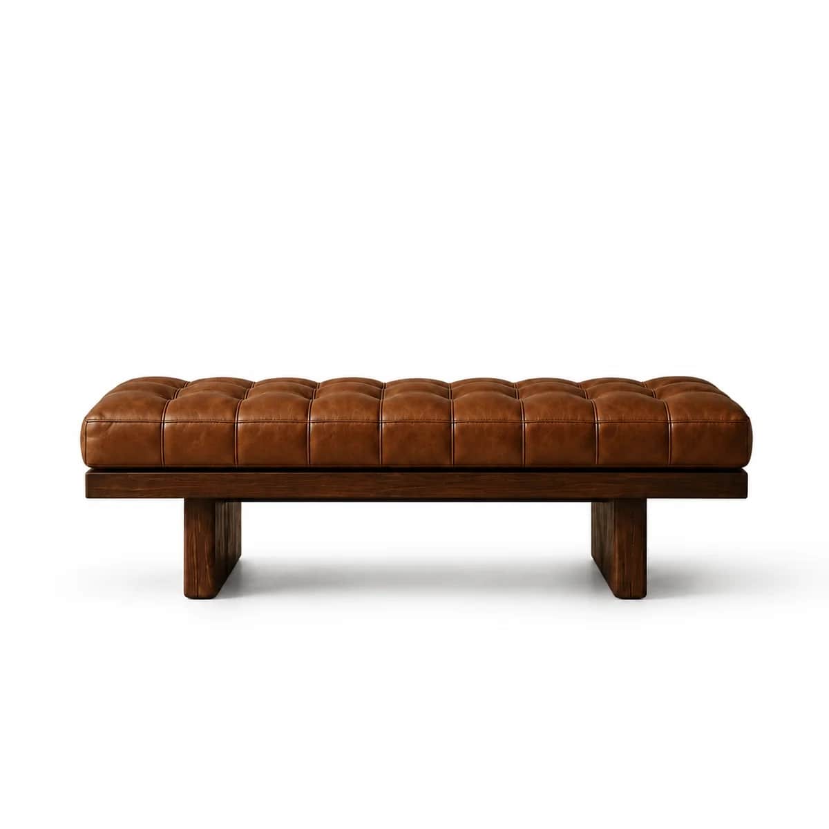 A long, rectangular bench featuring a tufted brown leather cushion set atop a sturdy dark wood base… — 3D model