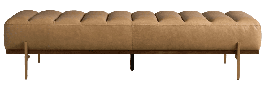 A contemporary bench featuring channel-tufted tan leather upholstery, a dark wooden base, and sleek… — 3D model