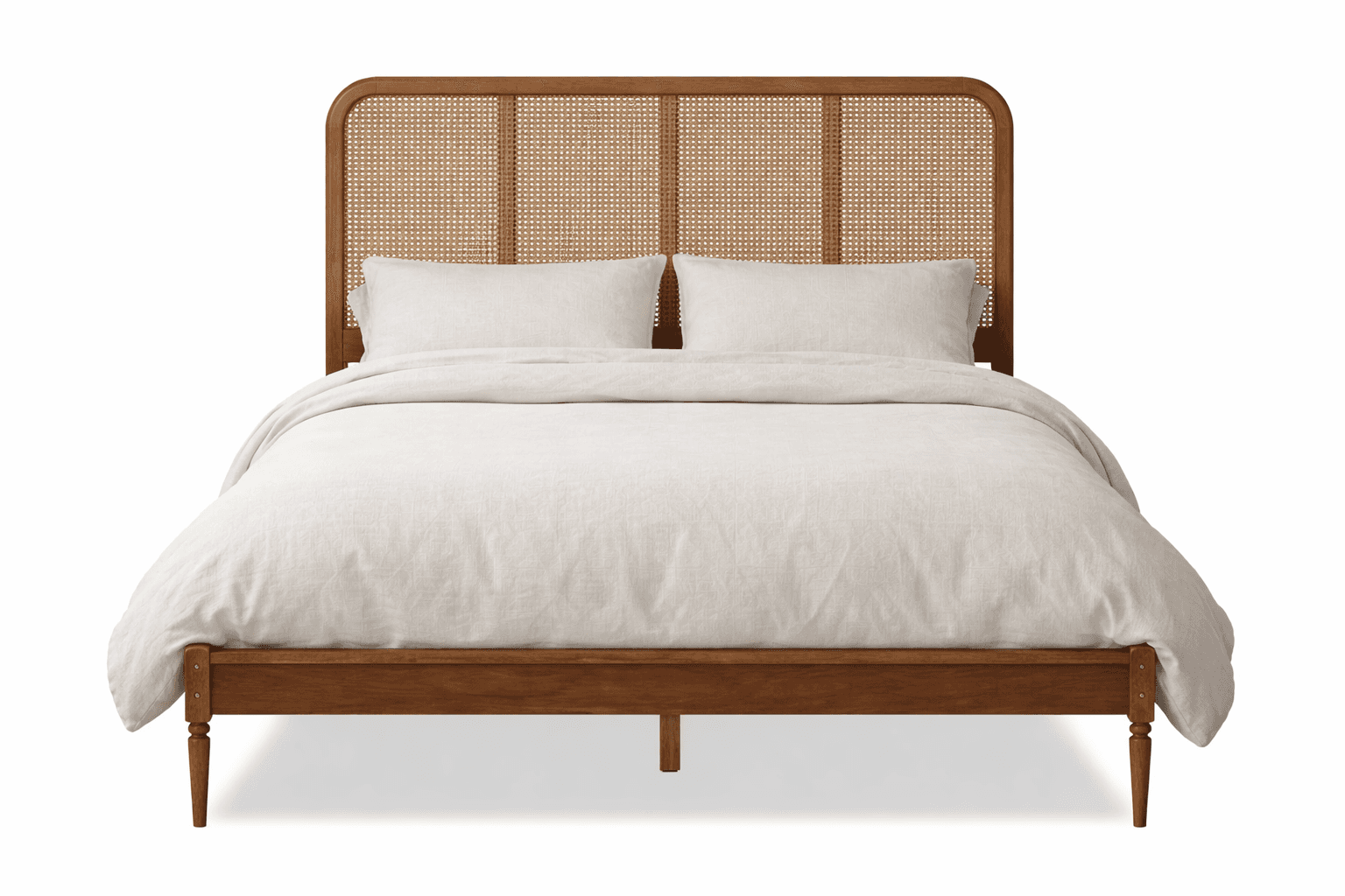 A wooden bed frame with a headboard featuring a cane webbing insert and rounded top corners. The fra… — 3D model