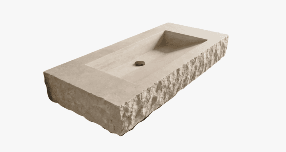 A rectangular stone sink with a rough-hewn exterior and a smooth, carved basin. The sink features a… — 3D model