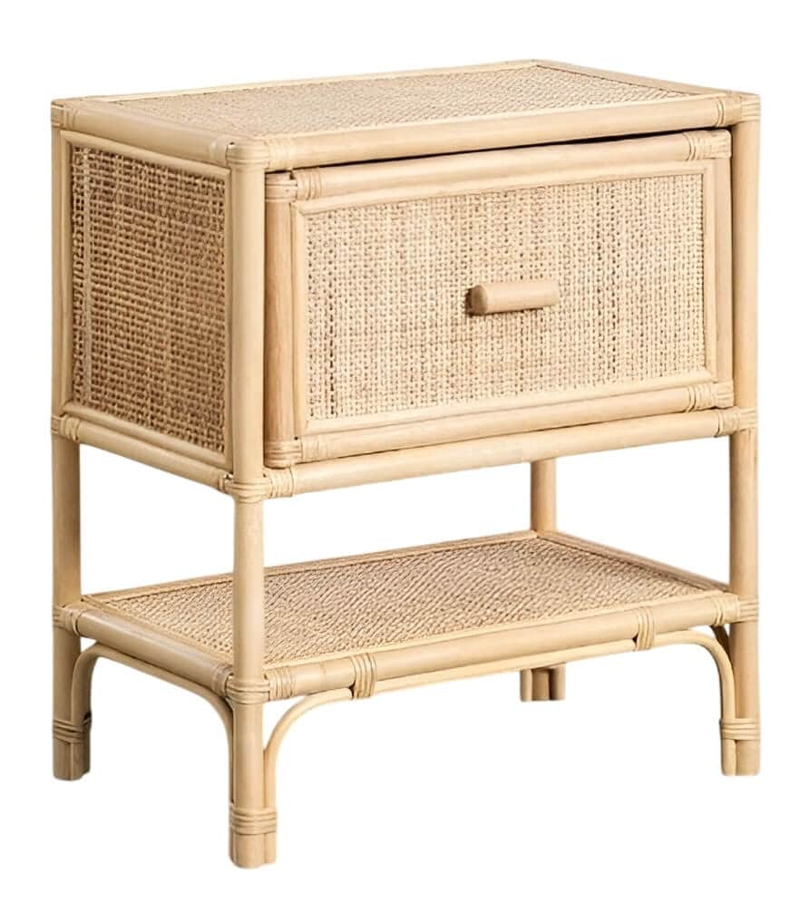A light-colored rattan and cane nightstand featuring a single drawer and an open lower shelf. The fr… — 3D model