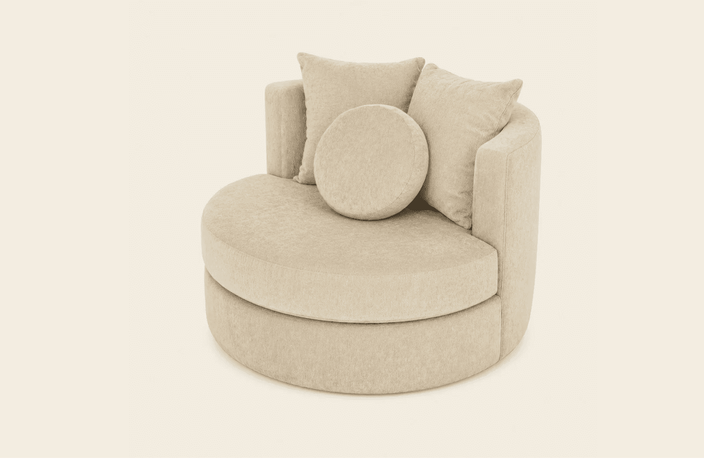 A large, round, fully upholstered swivel accent chair in a light beige textured fabric, accompanied… — free OBJ 3D model
