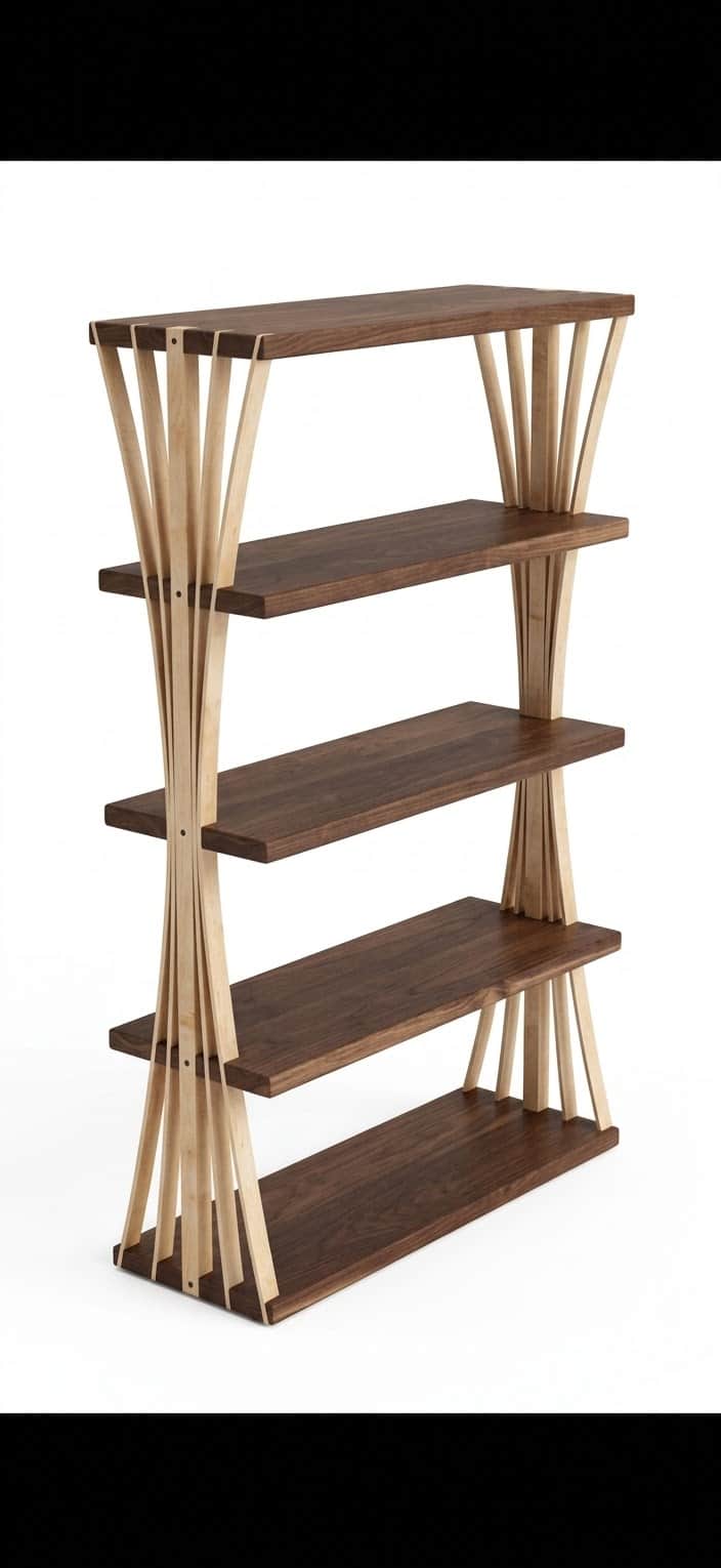 A modern five-tier bookshelf featuring dark wood shelves and light-toned bentwood supports. The vert… — 3D model