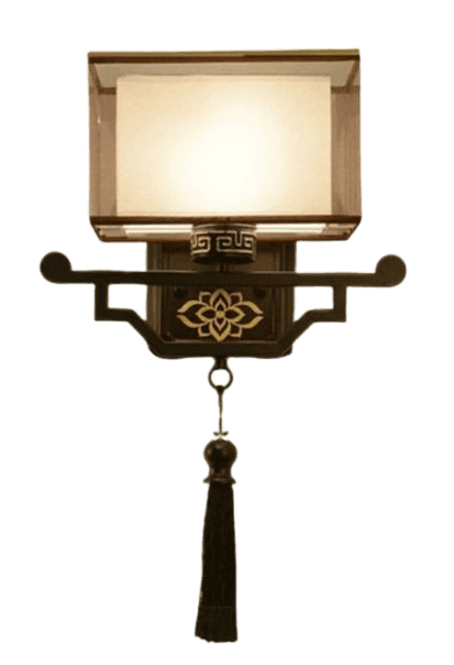 A traditional Asian-inspired wall sconce featuring a rectangular fabric shade mounted on a decorativ… — 3D model