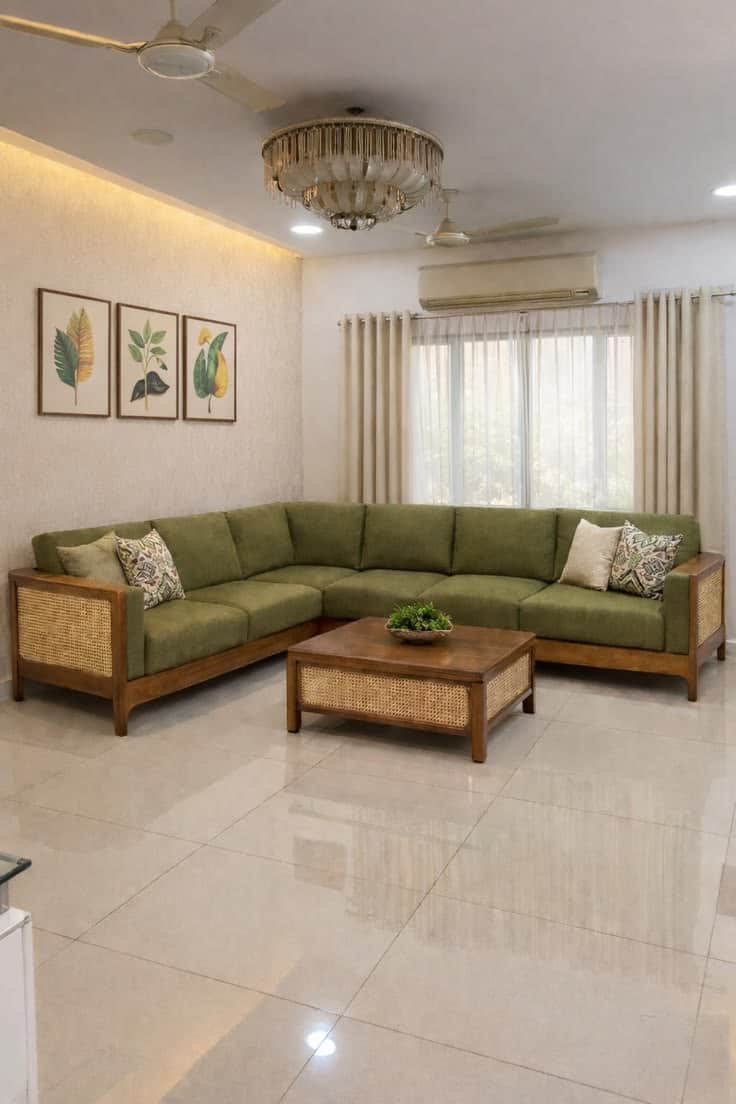 A contemporary L-shaped sectional sofa featuring olive green fabric upholstery, an exposed dark wood… — free SKP 3D model