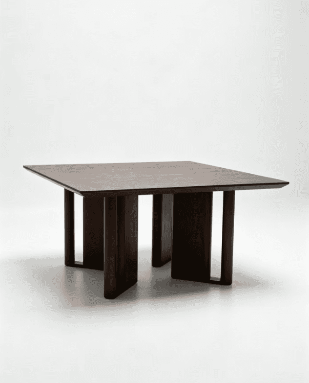 A square, dark wood table featuring a robust tabletop and a distinctive, sculptural base composed of… — 3D model