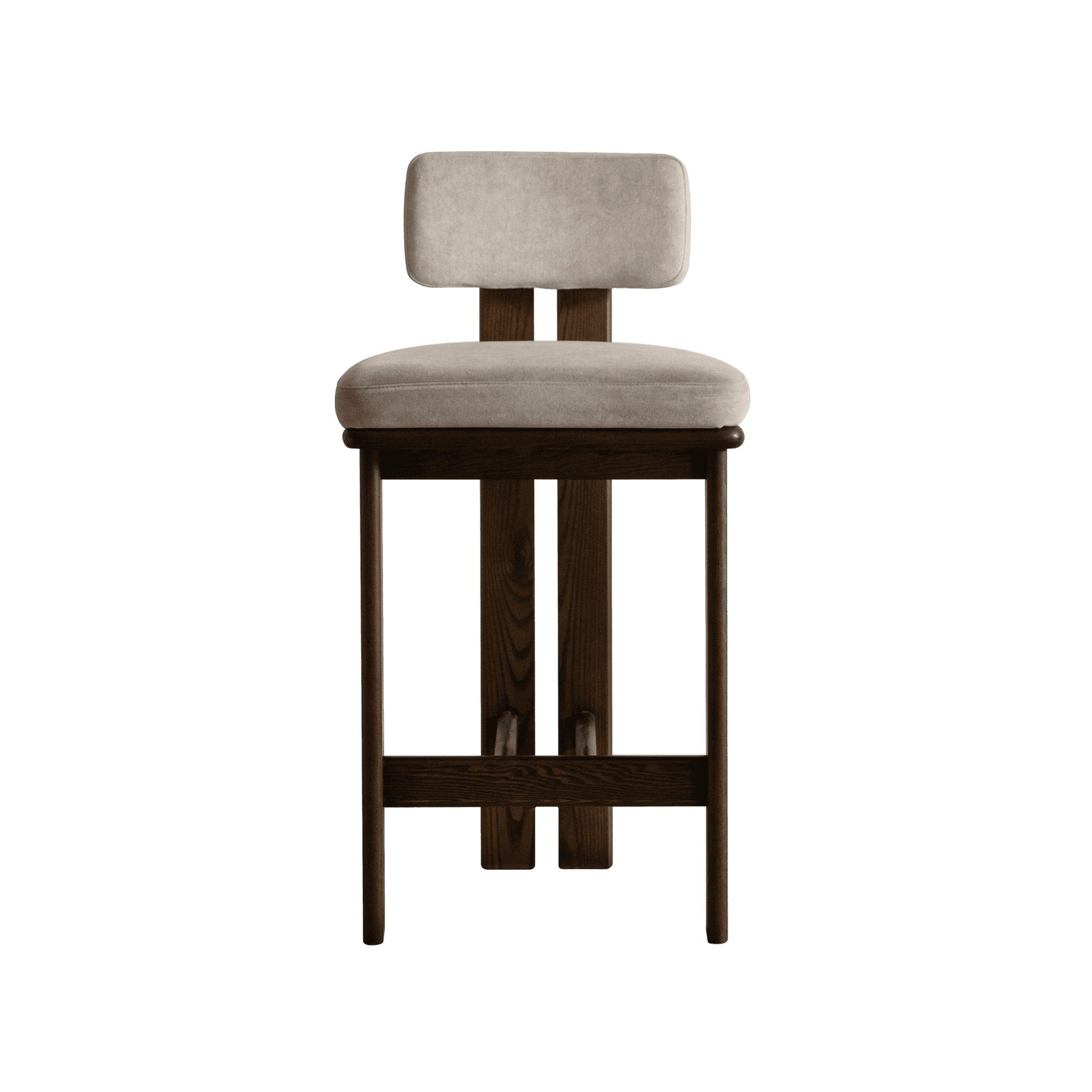 A backless bar stool with a light-colored upholstered seat and backrest, supported by a dark-stained… — free SKP 3D model