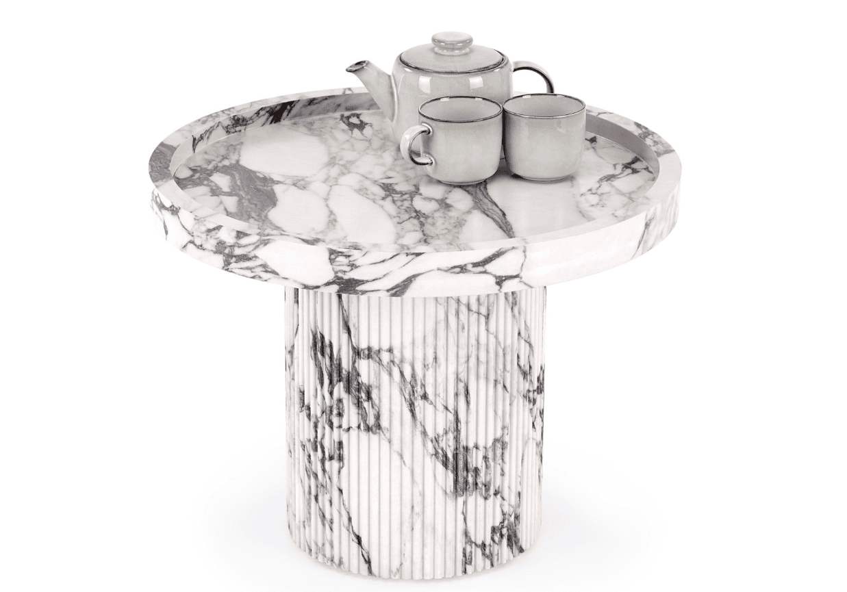 A round side table with a fluted pedestal base and a marble top. The top is slightly recessed to for… — 3D model