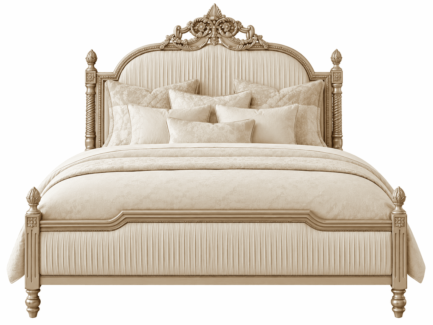 A luxurious and ornate bed featuring a carved wooden frame with a champagne finish, and pleated upho… — 3D model
